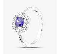 Silver Sparkle Rhodium Plated Sterling Silver Purple & White Cubic Zirconia Hexagon Halo Ring 8.84.0991 N