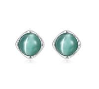 Silver Square Frame Teal Cat Eye Stud Earrings, Round Cabochon Blue Green Gemstone Minimalist Button Earrings for Women