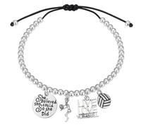 Silver Stainless Steel Beaded Adjustable Bracelet with Volleyball Charms - She Believed She Could So She Did, Live Love Volleyball - Gift for Players & Athletes