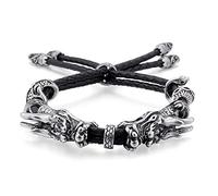 Silver Stainless Steel Mens Double Dragon Bracelet Interwoven with Black Genuine Leather Strap Bracelets Adjustable