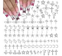 Silver Star Nail Pendants, Star Planet Cross Dangle Nail Gems Alloy Silver Nails Charms for Acrylic Nails Accessories Women Manicure Craft Supplies 130pcs