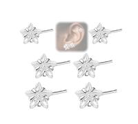 Silver Star Studs, 3 Pairs Hypoallergenic Flat Back Earrings 4MM+5MM+6MM Mix-and-Match Cartilage Helix Piercing Jewellery Small Silver Studs Earrings for Women Sensitive Ears Everyday Wear