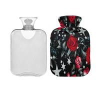 Silver Stars Red Roses Water Bottle for hot Water with Soft Cover 2L Warmer Bag for Menstrual Cramps Tummy Warmer Bolsa para agua Caliente