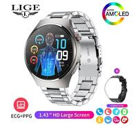 (silver, Steel strap) LIGE New Men Smart Watch ECG+PPG Temperature Detection Heart Rate Health Tracking Smart Bracelet AMOLED 1.43” Full Touch Bluetooth Smart Watch