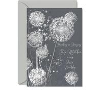 Silver Step Mom Birthday Card - Shimmering Dandelions - Happy Birthday Card for Step Mom from Son Daughter, 5x7 Inch Silver Elegant and Modern Bday Greeting Cards