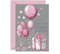 Silver Step Mom Birthday Card - Silver and Pink Presents - Happy Birthday Card for Step Mom from Son Daughter, A5 Bright and Joyful Bday Greeting Cards