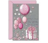 Silver Step Mom Birthday Card - Silver and Pink Presents - Happy Birthday Card for Step Mom from Son Daughter, 5x7 Inch Bright and Joyful Bday Greeting Cards