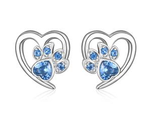 Silver Stud Earrings for Women, 925 Sterling Silver Cute Puppy Dog Cat Paw Print Stud Earrings | Lovely Blue Crystal CZ Endless Love Heart Earring Studs Jewellery Gift for Pet Lovers Little Girls Kids