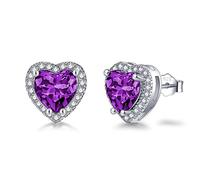 Silver Stud Earrings for Women, 925 Sterling Silver February Birthstone Amethyst Earrings, White Gold Plated Heart Shape Cubic Zirconia Stud Earrings, Birthday Gift Brides Bridesmaids Wedding Present