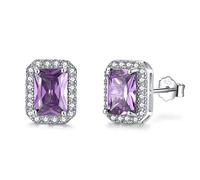 Silver Stud Earrings for Women, 925 Sterling Silver June Birthstone Alexandrite Earrings, White Gold Plated Rectangle Cubic Zirconia Stud Earrings, Birthday Gift Brides Bridesmaids Wedding Present