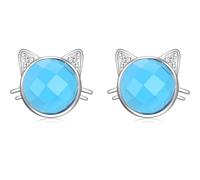 Silver Stud Earrings for Women Girls, S925 Sterling Silver Cute Cat Ear Birthstone Stud Earrings | Lovely Aquamarine Crystal CZ Cubic Zirconia Studs Jewellery Gift for Pet Lovers Teens Kids