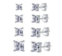 Silver Stud Earrings for Women, Sterling Silver Cubic Zirconia Small Stud Earrings Hypoallergenic Faux Square Princess Cut Diamond Studs Set for Girls, 3/4/5/6mm