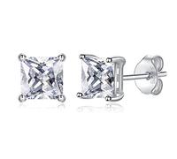 Silver Stud Earrings for Women, Sterling Silver Cubic Zirconia Small Stud Earrings Hypoallergenic Faux Square Princess Cut Diamond Studs Set for Girls, 8mm