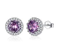 Silver Stud Earrings for Women, Sterling Silver February Birthstone Amethyst Earrings, White Gold Plated Round Cubic Zirconia Stud Earrings, Birthday Gift Brides Bridesmaids Wedding Present