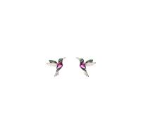 Silver Stud Earrings with Hummingbird I 925 Sterling Silver Bird Ear Cuff I 14K Gold or Rosegold plated I Zirconia Stones Green & Pink I Silver Earring for Women & Girls I Gift Box Included (Silver)