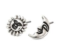 Silver Sun Moon Mismatched Stud Earrings Celestial Face | Asymmetric antiqued silver-tone stud earrings with a smiling sun face and a crescent moon face.