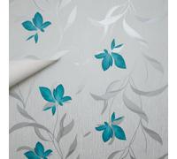 Silver Teal Floral Wallpaper White Metallic Shimmer Glitter Textured Erismann
