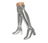 Silver Thigh High Boots for Women Patent Leather PU Chunky Heel Over The Knee Boots Square Toe Half Side Zipper Heeled Metallic Gogo Long Tall Boot Footwear Trendy UK 3.5 Clearance