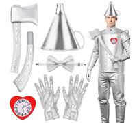 Silver Tin Man Costume Set with Silver Funnel Hat, Gloves, Axe, Bow Tie, Red Heart-Shaped Clock Brooch Tin Man Costume Accessories Adult for Halloween, Cosplay Party, World Book Day