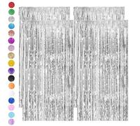 Silver Tinsel Curtain Party Backdrop,4pcs 3.2ft x 6.5ft Foil Curtain Decorations,Silver Foil Fringe Streamers Metallic Tinsel Door Hanging Foil Flow Silk Streamers for Birthday Wedding Holiday Party