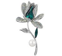 Silver-Tone Austrian Crystal Blooming Lily Flower Brooch, Womens Floral Green Leaves Rhinestone Brooch Pin