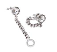 Silver-Tone Chain Link Cufflinks with Round Clear Crystal Accents, Modern Minimalist Design, Premium Rhodium Plated, Ideal for Business, Weddings, and Formal Attire