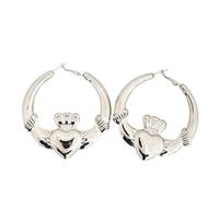 Silver-Tone Claddagh Statement Hoop Earrings, Traditional Irish Design Celtic Heart Crown Symbol, Large Size (Silver)