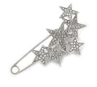 Silver Tone Clear/AB Crystal Star Cluster Safety Pin Brooch - 75mm L