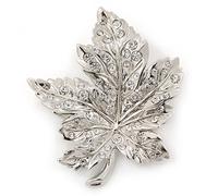Silver Tone Clear Crystal Maple Leaf Brooch - 50mm L