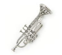 Silver Tone Clear Crystal Musical Instrument Trumpet Brooch - 48mm L