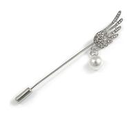 Silver Tone Clear Crystal Wing with Pearl Bead Lapel, Hat, Suit, Tuxedo, Collar, Scarf, Coat Stick Brooch Pin - 65mm L