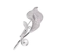 Silver Tone Crystal Calla Lilly Brooch Pearl Floral Bouquet Corsage Pin Suit Cardigan Scarf Tie Pins Wedding Bridal Jewelry Lapel Badge Pins for Women Accessory for Party Wedding