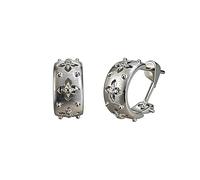 Silver Tone Floral Hoop Earrings with Textured Surface and Crystal Accents