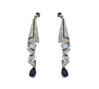 Silver Tone Geometric Classic Art Deco Flapper Antique Retro Style Royal Sapphire Dark Blue Rhinestone Wedding Bridal Prom Formal Gatsby Party Dangle Earrings