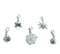 Silver Tone Gothic Charms with Lobster Clasps Stitch Keepers - Halloween Craft for Bracelets, Necklaces, Stitch Markers, Bag Charm (5pc Spider Web Set)