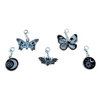 Silver Tone Gothic Charms with Lobster Clasps Stitch Keepers - Halloween Craft for Bracelets, Necklaces, Stitch Markers, Bag Charm (5pc Skull Butterfly Charms)