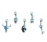 Silver Tone Gothic Charms with Lobster Clasps Stitch Keepers - Halloween Craft for Bracelets, Necklaces, Stitch Markers, Bag Charm (5pc Skull Set)
