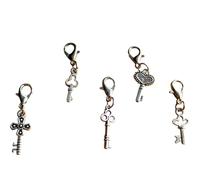 Silver Tone Gothic Charms with Lobster Clasps Stitch Keepers - Halloween Craft for Bracelets, Necklaces, Stitch Markers, Bag Charm (5pc Keys Set)