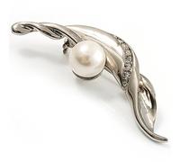 Silver Tone Imitation Pearl Leaf Brooch