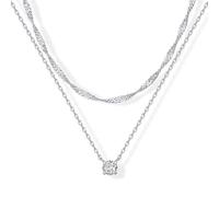 Silver-Tone Layered Necklace for Women - Double Chain with Round Solitaire Cubic Zirconia Pendant, Twisted Singapore & Cable Link Adjustable Choker (35cm + 10cm Extender), Dainty Jewellery Gift