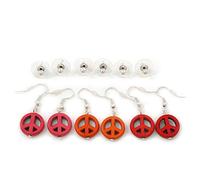 Silver Tone Stud & Brown Wood Peace Drop Earring/6 Pairs Set/3mm/ 35mm Drop