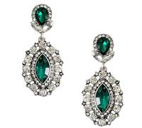 Silver Tone Victorian Art Deco Antique Vintage Retro Style Dark Green Hunter Emerald Rhinestone Dangle Earrings