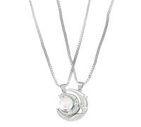 Silver-Toned Crescent Moon Necklace with Iridescent Opal Stone - Detailed Mermaid and Star Engraved Pendant on Fine Box Chain for Women and Girls, Celestial Fantasy-Inspired Jewellery for Casual Wear
