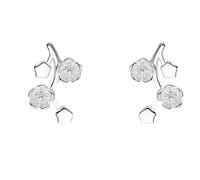 Silver Twig Branch Stud Earrings, 10×7mm Natural Shell Pearl Inlaid Floral Ear Studs, Delicate Flower & Pentagon Detail Minimalist Nature Inspired Ear Jewelry