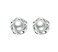 Silver Twisted Frame Pearl Stud Earrings for Women, Modern Geometric Pearl Earrings, Minimalist Delicate Jewelry for Daily Wear