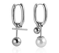 Silver U-Shaped Huggie Earrings for Women, Asymmetric Pearl & Ball Drop Earrings, Modern Geometric Statement Earrings, Minimalist Dangle Jewelry for Daily Wear