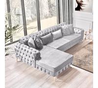 (Silver Velvet, 5 Seater (Left Hand side)) Luxury Chesterfeild 5 Seater Plush Velvet L Shaped Corner Sofa Deep Button Tufted Design with Elegant Gold Metal Legs Chaise Lounge Couch