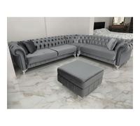 (Silver Velvet, Fabric Swatch) Chesterfield Style 4/5/6-Seater Sofa Corner Settee Chaise Lounge Couch Sofa for Living Room