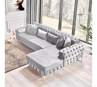(Silver Velvet, Right Hand side) Luxury Chesterfeild Plush Velvet L Shaped Corner Sofa Deep Button Tufted Design Metal Legs Chaise Lounge