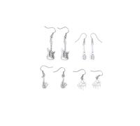 Silver Vintage Instrument Punk Dangle Drop Earrings Set, Guitar Piano Microphone Saxophone Earrings, Unique Street Music Hip-Hop Ear Accessories, Large, Alloy Steel, No Gemstone